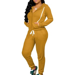 Ensemble de survêtement pour femme, couleur moutarde, à capuche, manches longues, couleur unie, fermeture éclair, décontracté, taille plus, coupe régulière, automne - Product Image 1