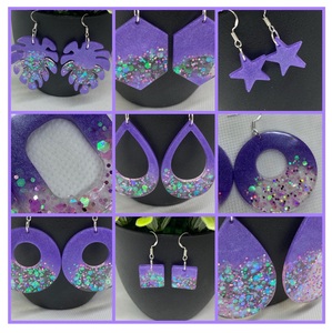 Boucles d'oreilles créoles géométriques en résine scintillante couleur violet vintage, faites à la main pour femmes, designs uniques, bijoux pendantes en acrylique - Product Image 1