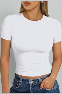 Camiseta elástica de verano para mujer, informal, de cuello redondo, manga corta, bonita, de spandex y poliéster, blusas, tops, baratas y a la moda. - Product Image 2