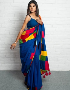 Sari Azul Moderno de Rayón Tejido KV sin Blusa para Fiesta, Reversible, Antiarrugas, de Secado Rápido, para Otoño - Product Image 1