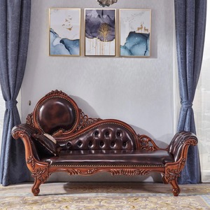 Sofá Chaise Longue de Madera de Teca Sólida Tallada a Mano, Diván Clásico de Cuero para Sala de Estar de Lujo, Muebles para Hoteles y Resorts - Product Image 4