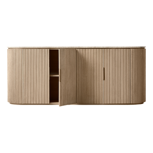 Aparador Elegante de Madera de Teca Sólida con Cubierta de Mármol, Frente Acanalado y Diseño Curvo, Mueble de Almacenamiento Premium para Sala de Estar - Product Image 2