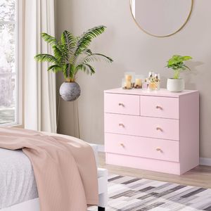 Commode moderne à 4 tiroirs pour chambre à coucher, meuble de rangement autoportant en métal rose et bois massif - Product Image 4