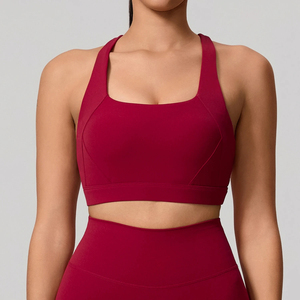 Soutien-gorge de sport pour femme, couleur unie, col carré, dos nu, maintien élevé, respirant, séchage rapide, sans coutures, avec logo frontal - Product Image 1