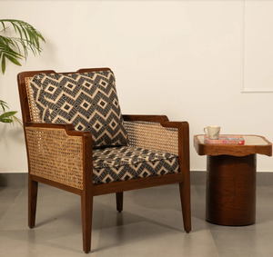Sillón de madera moderno de mediados de siglo con respaldo de mimbre y tapicería geométrica, silla de sala de estar con estructura de madera maciza hecha a mano - Product Image 2