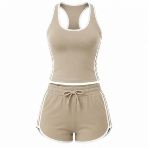 Conjunto de Dos Piezas para Mujer, Camiseta sin Mangas y Pantalones Cortos, Color Sólido, Estilo Deportivo, Transpirable, Tejido de Punto, Spandex, Poliéster, Ropa de Verano - Product Image 1