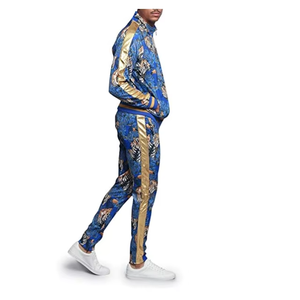 Ensemble de survêtement pour homme, imprimé tigre bleu, sweat-shirt à demi-zip long et pantalon de jogging avec rayures dorées, streetwear, vêtements d'automne - Product Image 1