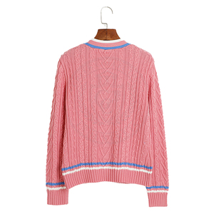 Cardigan en tricot torsadé personnalisé pour femmes, rose, col en V, broderie logo grec, boutons tendance, vêtements d'hiver - Product Image 2
