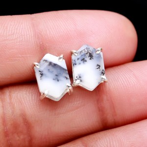 Pendientes de Plata de Ley 925 con Ágata Dendrítica Natural en Forma de Hexágono, Hechos a Mano, Piedra Blanca, Joyería Étnica, Regalo para Aniversario o Fiesta - Product Image 3