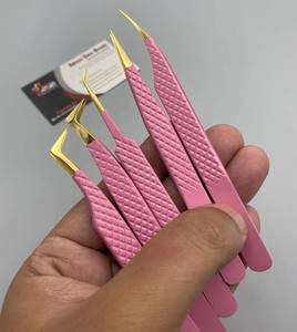 Pinzas para Pestañas Color Rosa Bebé con Punta Dorada, Acero Inoxidable Japonés Tipo L, Agarre de Diamante para Volumen Ruso, Pinzas para Extensión de Pestañas - Product Image 3