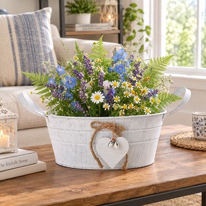 Maceta de Acero Galvanizado Blanca con Asa, Estilo Shabby Chic, Etiqueta con Forma de Corazón, Arreglo de Flores Silvestres, Decoración de Mesa para el Hogar y Hoteles - Product Image 2