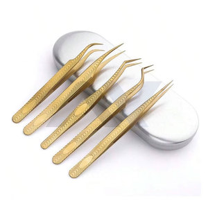 Juego de 5 Herramientas para Pestañas, Pinzas para Pestañas Postizas, Kit para Extensión de Pestañas, Juego de 5 Aplicadores de Acero Inoxidable Dorado - Product Image 1