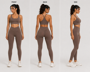 <b>Women</b> <b>Brown</b> Seamless Yoga Set High Waist Leggings Neck Crop <b>Top</b> Crisscross Straps Two Piece Activewear Sportswear - Product Image 3