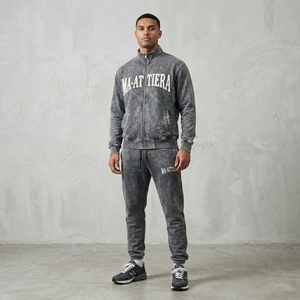 Conjunto Deportivo para Hombre, Color Gris Carbón, Lavado Ácido, con Cierre, Sudadera Bordada, Pantalones Jogger, Ropa Deportiva, Casual - Product Image 1