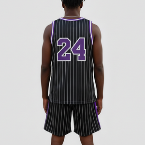 Camiseta de Baloncesto para Hombre, Sin Mangas, Negra con Rayas Blancas y Moradas, Número 24, Sublimada, Transpirable, Corte Regular, Ropa Deportiva - Product Image 6