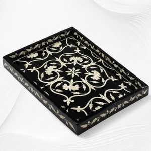 Handmade Floral Bone Inlay Tray | Geometric Chevron Serving <b>Coffee</b> <b>Table</b> Decor Vanity Display Ottoman Serving Tray - Product Image 3