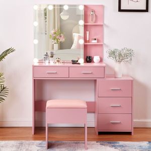 Ensemble coiffeuse rose en panneau de particules texturé avec cinq tiroirs, deux étagères et armoire miroir à porte coulissante - Product Image 6