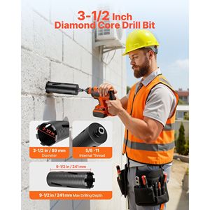 Punta diamantata per carotaggio a secco da 3-1/2 pollici di diametro, profondità di foratura 9-1/2, filettatura interna 5/8-11, 3 adattatori, per muratura e cemento - Product Image 2