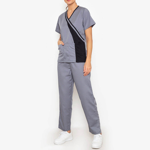 Women Gray V-Neck <b>Scrub</b> <b>Set</b> With Black Panel Cotton Polyester Hospital Uniforms Pockets Needle Detection - Product Image 1
