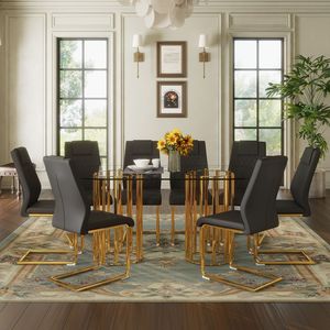 Set da Pranzo di Lusso con Tavolo Ovale in Vetro Temperato da 71 Pollici, Sedie in PU Nero di Alta Qualità con Doppia Colonna Dorata, Set 5 Pezzi Tavolo e Sedie Leggeri - Product Image 2