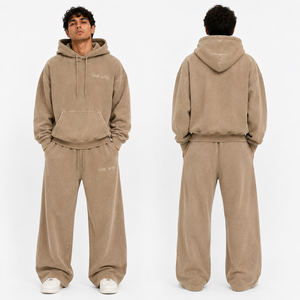 Ensemble de survêtement premium pour homme ONE APEX, coupe régulière, 100 % coton respirant, couleur beige sable, avec sweat à capuche et pantalon large épais - Product Image 2