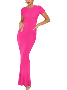 Vestido Maxi de Verano para Mujer 2026, Manga Corta, Cuello Redondo, Tejido Acanalado, Estampado Informal, para Salir - Product Image 2