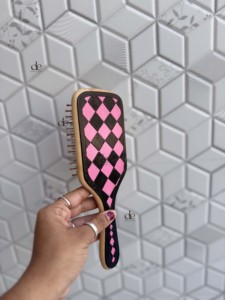 2026 New Design Handmade Hand <b>Tooled</b> <b>Leather</b> Wooden Hair Brush With Pink & Black Checkered Pattern Minimalist Design - Product Image 2