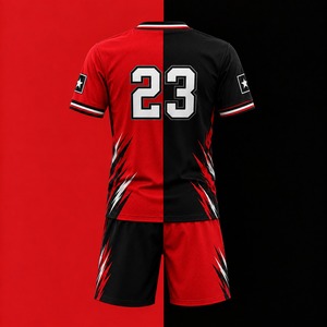 Camiseta de Fútbol Personalizada Roja y Negra, Cuello en V, Manga Corta, Poliéster/Algodón, Estampada, Unisex, para Adultos - Product Image 2