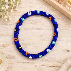 Pulsera Boho Multicolor Naranja con Cuentas de Semillas Florales y Margaritas, No Elástica, con Cuentas de Vidrio de Arroz de Nepal, Pulseras Bohemias - Product Image 6