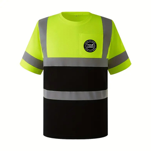 Camiseta de Trabajo de Alta Visibilidad para Hombre, Manga Corta, Verde Neón, Rayas Reflectantes Negras, Material de Poliéster, Camisa Fluorescente - Product Image 1