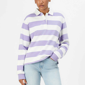 Striped Long Sleeve Knitted <b>Polo</b> <b>Shirt</b> Men Casual White <b>Purple</b> Pattern Regular Fit - Product Image 1