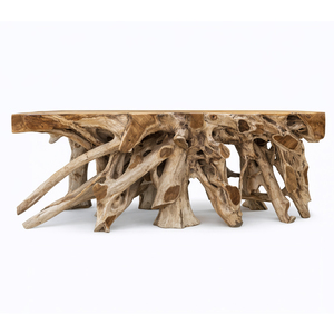 Mesa Consola Rústica Sania de Raíz de Teca Premium, Hecha a Mano, Orgánica, Artística, con Altura Ajustable, Mueble de Madera Sólida, Pieza Destacada - Product Image 1