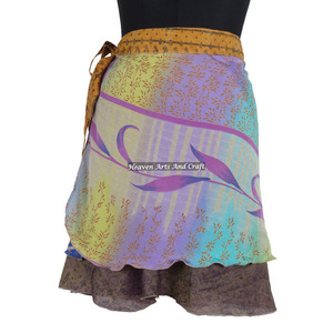 2026 Sale Indian Silk Printed Handmade Wrap Mini Skirt Women Wear Vintage Silk Sari Short Length Wrap Around Mini Skirt 2 Layer - Product Image 5