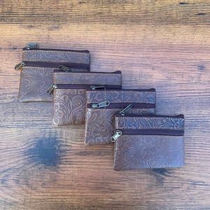 Nouvelle vente chaude à la main en cuir véritable gaufré marron Floral Double fermeture éclair Mini portefeuille pour femmes Vintage pochette en cuir de vachette - Product Image 2