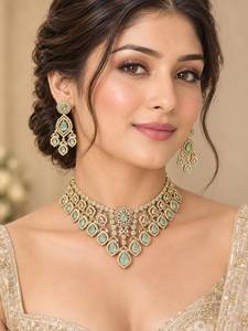 Indian Mores Gold Plated <b>Crystal</b> Rhinestone Moissanite Bridal Jewelry <b>Set</b> Necklace Earrings Engagement Gift Wedding Party Wear - Product Image 5