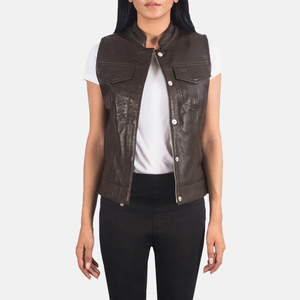 Women Genuine Leather Biker <b>Vest</b> <b>Slim</b> Fit Casual Motorcycle Outerwear Stylish Sleeveless Waterproof Windproof V-Neck Pockets - Product Image 1