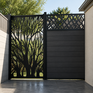 Portail d'entrée moderne en métal noir avec panneaux à lattes horizontales à motif d'arbre découpé au laser et design extérieur contemporain élégant - Product Image 3