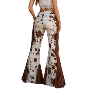 Pantalon évasé en cuir de vachette occidental à franges, pantalon cloche en cuir à poils, tenue de cowgirl pour le rodéo - Product Image 2