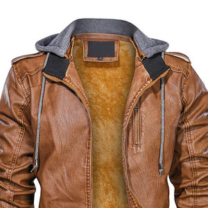 Blouson en cuir élégant pour homme, style universitaire, avec col montant tissé et capuche, confortable, décontracté, style urbain, vente en gros - Product Image 6