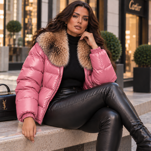 Veste matelassée en cuir véritable pour femme, coupe-vent, à carreaux, style streetwear, avec col en fourrure de renard pour l'hiver - Product Image 6