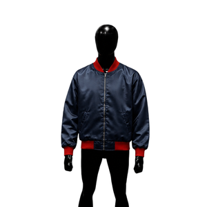 Chaqueta Varsity Azul Marino Satinado con Cuello, Puños y Cinturón Rojos Acanalados, Chaqueta Bomber Brillante Premium Personalizada al por Mayor para Hombre - Product Image 1