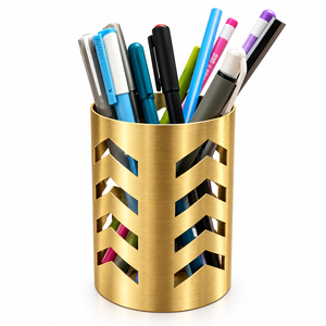 Porte-stylo de luxe nordique en laiton doré, motif géométrique chevron découpé, organisateur de bureau, rangement de papeterie - Product Image 1