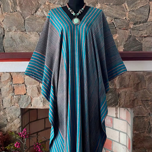 Vestido caftán bohemio con cuello en V, retro, a rayas, de rayón, talla única, corte holgado, fluido, vestido maxi para mujer - Product Image 1