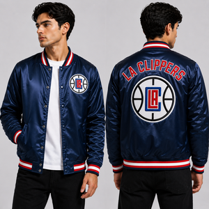แจ็คเก็ตวาร์ซิตี้ LA Clippers สีกรมท่าแดง ผ้าซาติน ปักโลโก้ แบบบอมเบอร์ สำหรับผู้ชาย ขายส่ง OEM เสื้อทีม สตรีทแวร์ สั่งซื้อจำนวนมาก จัดส่งรวดเร็ว - Product Image 1