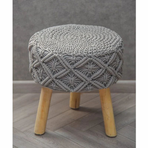 Grey Round Macrame Covered <b>Ottoman</b> <b>Stool</b> with Wooden Legs Boho Footrest Pouf for Living Room Hotel Cafe Decor - Product Image 2