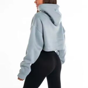 Vêtements de sport pour femmes, haut court à manches longues bleu, logo personnalisé en relief, sweat à capuche court - Product Image 1