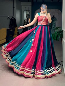 <b>Women</b> Rayon <b>Lehenga</b> Choli Set Printed Ethnic Indian Outfit Gota Patti Mirror Work Navratri Special Floor-Length Quick Dry - Product Image 6