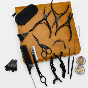 Kit d'outils professionnels pour extensions de cheveux TEEJAY en acier inoxydable chirurgical noir mat, pinces à cheveux, pinces crocodiles, micro-perles - Product Image 1