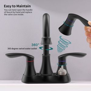 Rubinetto da Bagno Contemporaneo Nero Opaco con 2 Maniglie, Bocca Girevole ad Arco Alto a 360 Gradi, Montaggio Centrale, per Lavabo da 6 Pollici con Scarico a Scomparsa - Product Image 5