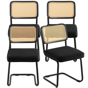 Set di 4 Sedie da Pranzo in Rattan Stile Mid-Century Moderno, Sedie Imbottite in Velluto con Schienale in Rattan Retrò - Product Image 1